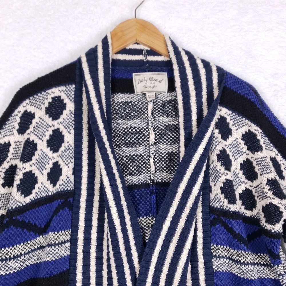 Lucky Brand Cardigan Sweater Womens XS/S Open Front Aztec Southwestern Blue Boho - Picture 2 of 8